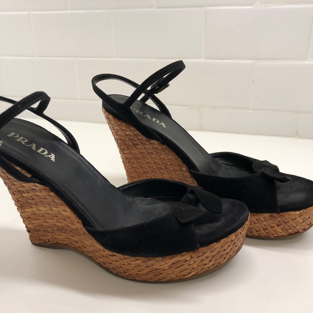 PRADA BLACK SUEDE + WICKER WEDGE PEEP TOE SANDALS - Picture 3 of 8